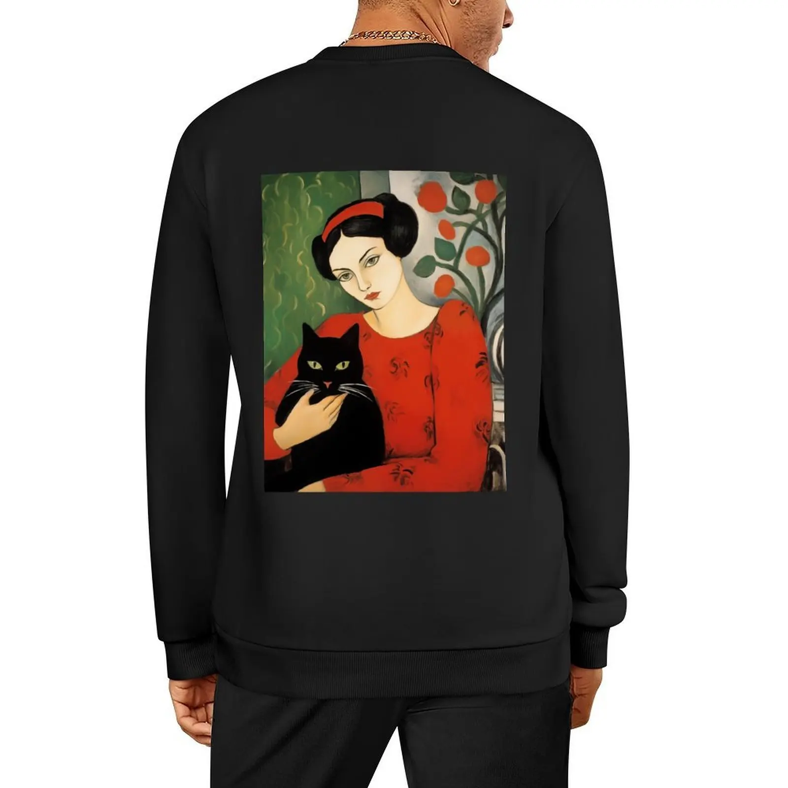 

Woman holding a black cat, oil painting style Pullover blouse fashion men autumn clothes korean clothes new in sweatshirts