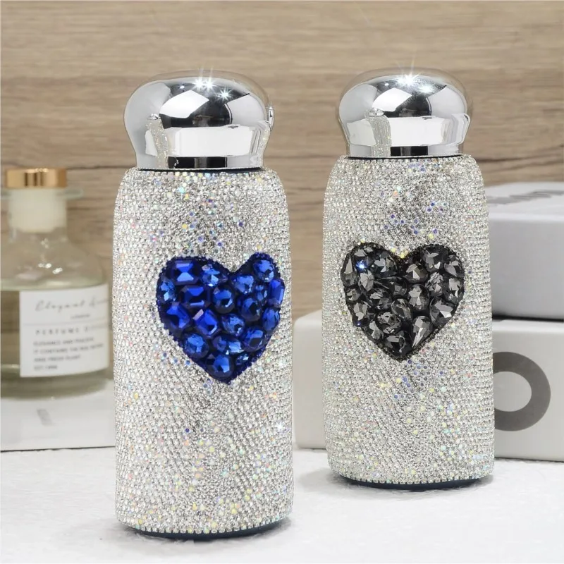 Rhinestone Heart-shaped Vaccum Portable Insulated Cup DIY Handcraft Shiny Mosaic Bling-bling Creative Luxury Gift For Girl Wife