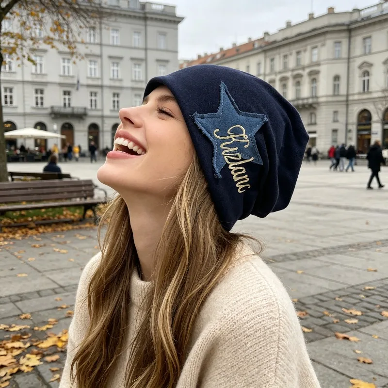Women's Cotton Knitted Slok Bean Hat Fashion Multi Functional College Style Ear Hanging Hat Autumn/Winter Postpartum Hat