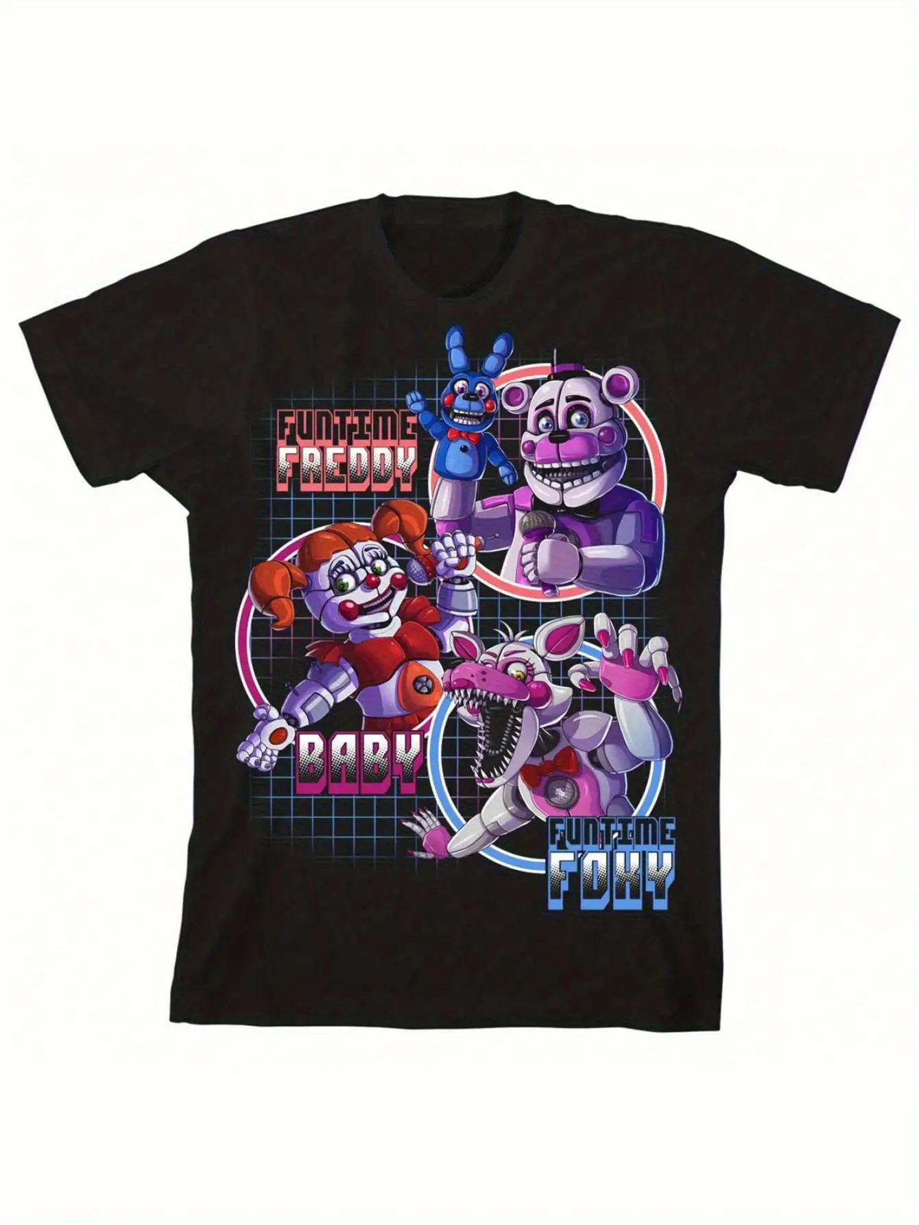 Camiseta de malla negra Funtime Foxy Neon para hombre y unisex con estampado del personaje Foxy para fiestas de verano y uso diario, diseño icónico de Foxy