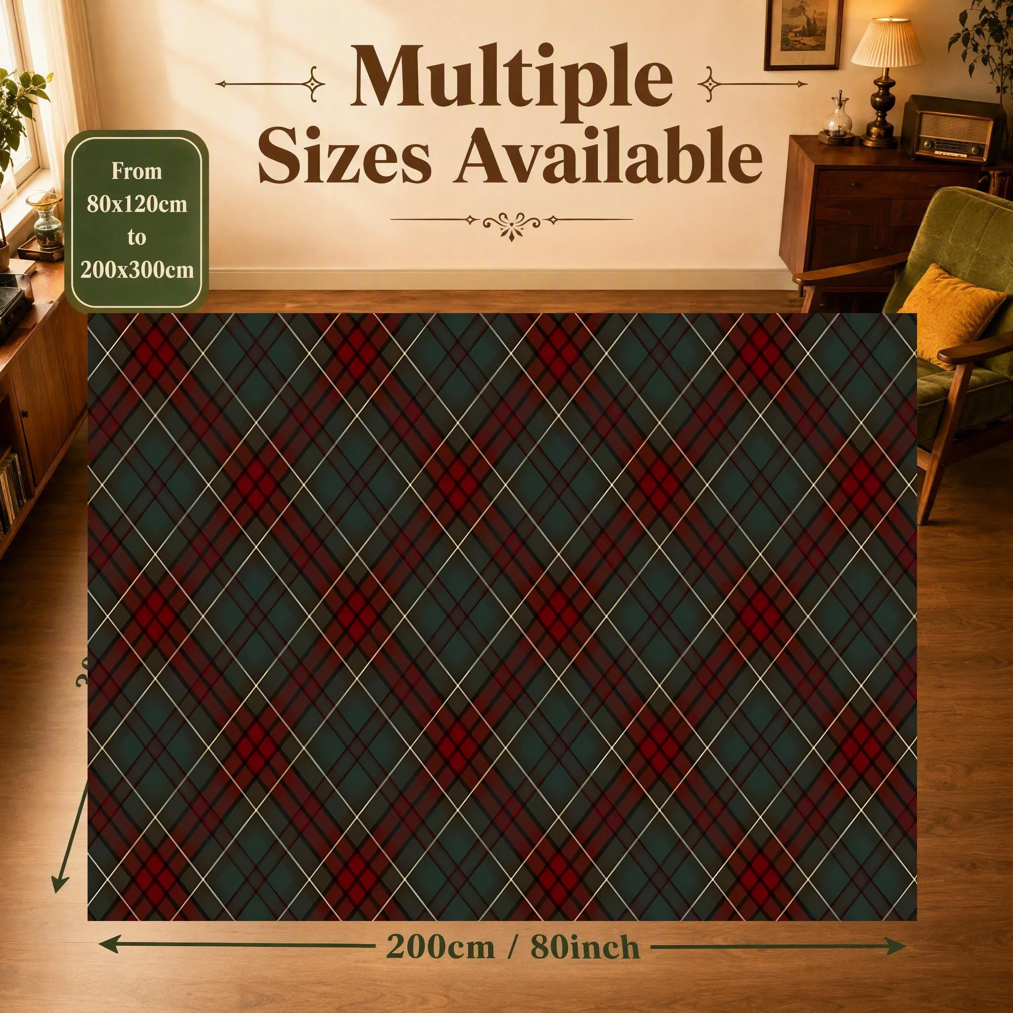 Retro Red and Green Diamond-Patterned British-Style Christmas Velvet Rug, Suitable for Living Room, Bedroom, and Entryway, Creating a Warm and Inviting Atmosphere for Autumn and Winter