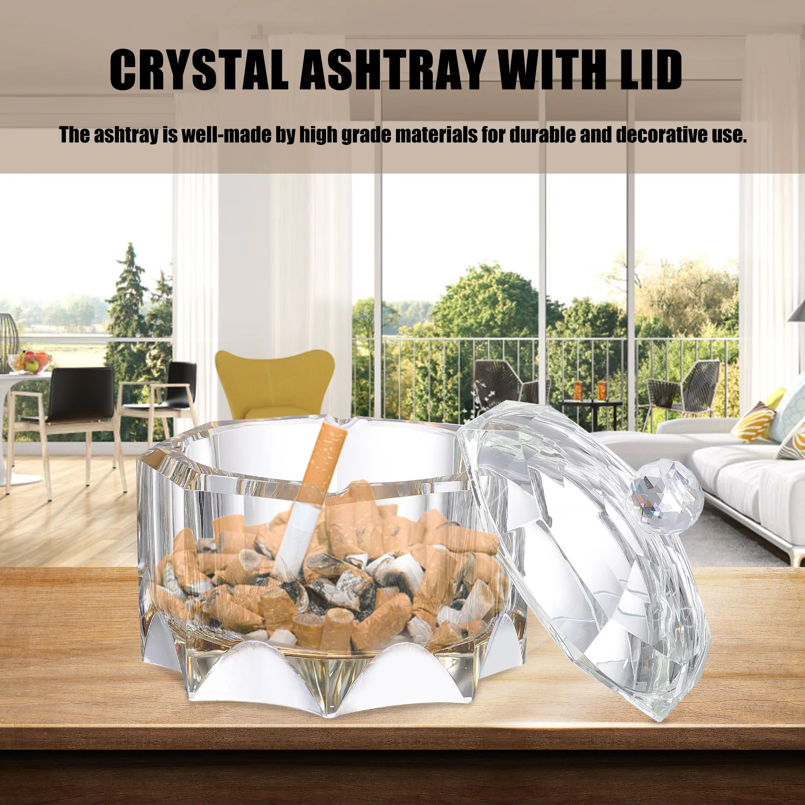

Cigarette Ashtray with Lid Practical Crystal Butt Container Household Office Desktop Square Creative