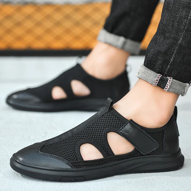 Fashion Trends Men Leather Sandals Summer Baotou Slippers Soft Sandals Mens Roman Comfortable Outdoor Walking Driving Footwear