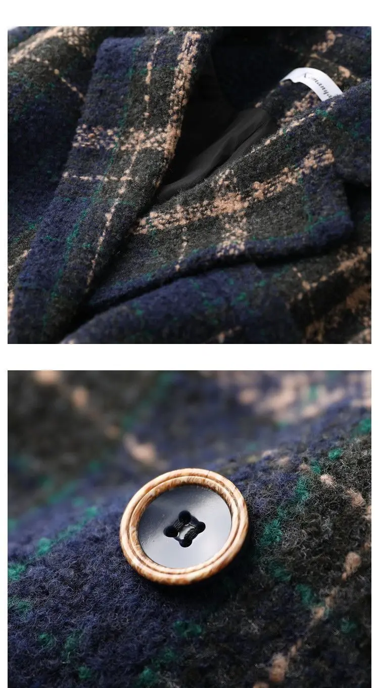 Elegant Autumn Winter Tweed Plaid Woolen Jacket Coat Vintage Notched Long Sleeve Women Office OL Cardigan Outerwer