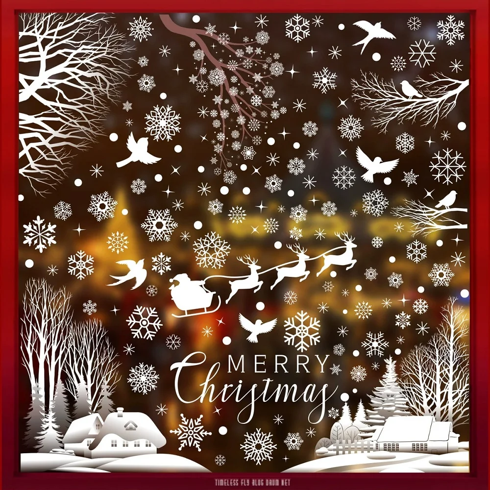 Merry Christmas Window Stickers Elk Snowflake Hummingbird Snowhouse Christmas Decoraiton Stickers for Home Office Shopping Mall