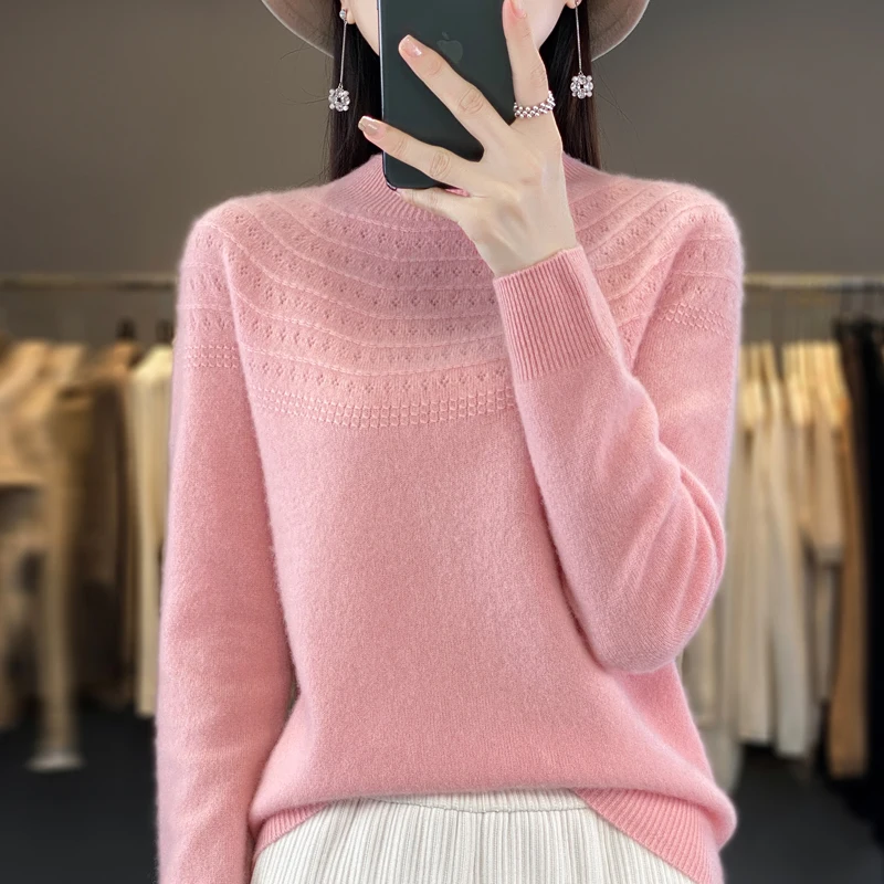 

First-Line Ready-To-Wear Wool Sweater Women's Loose Half Turtleneck Pullover Spring and Autumn Hollow Out Simple Bottoming Top