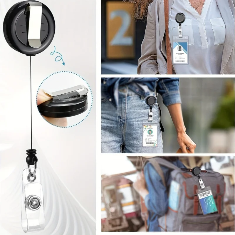 Image 4: Lot de 4 cordons de cou noirs rétractables avec porte-badge plat pour cartes d'identité et badges nominatifs professionnels
