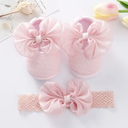 Conjunto de zapatos y diademas para niña, zapatos de bebé recién nacido con lazo, zapatos antideslizantes para precaminar, zapatos de bautismo, regalos para bebé