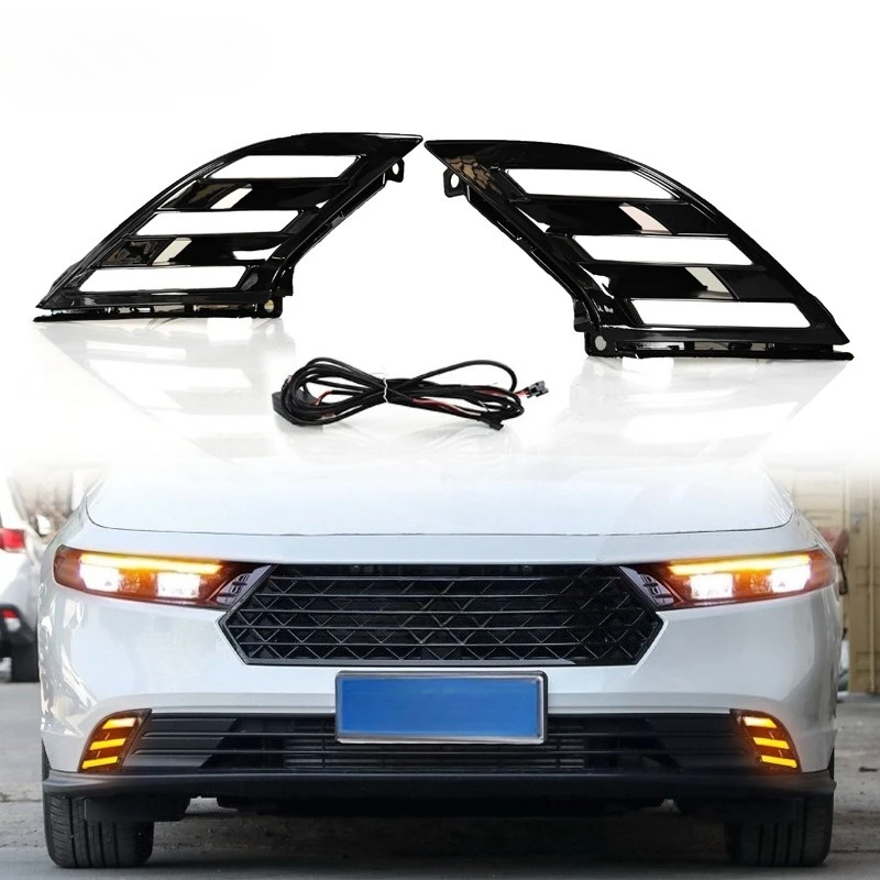 For Honda 11th Generation Accord 2023 2024 2025 2Pcs Car Led Daytime Running Light Front Fog Lamp Yellow Dymanic Turn Signal