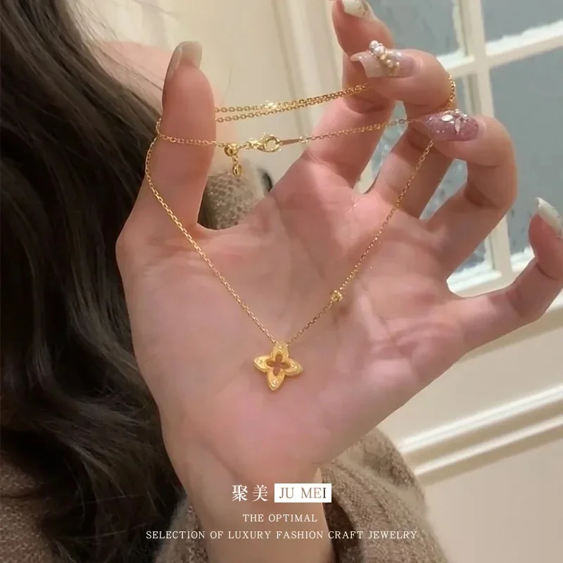Luxury 24K 9999 Pure Gold real gold Women's Hollow-out Diamond-encrusted Clover Pendant Necklace
