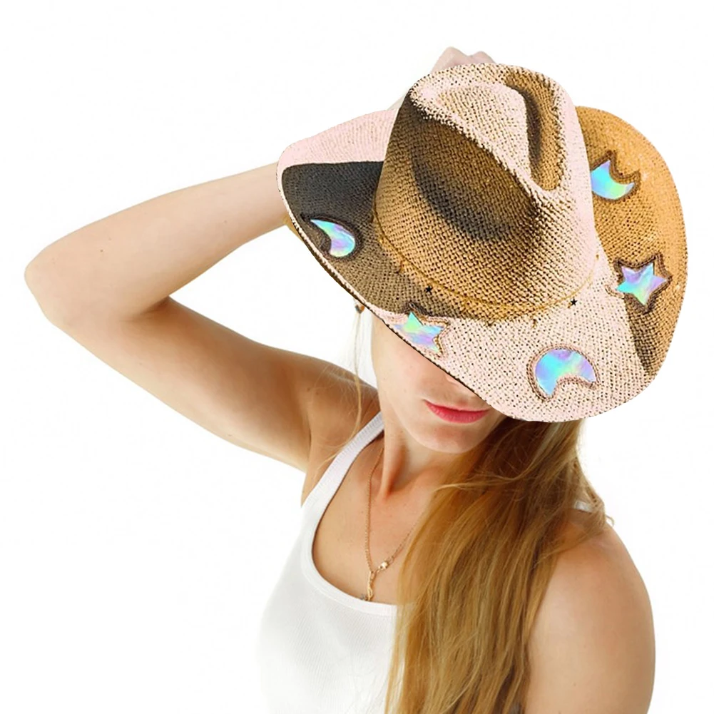 

Straw Western Cowboy Hat for Women Shapeable Cowgirl Hat Vintage Summer Woven Sun Hat for Music Festival Party Beach