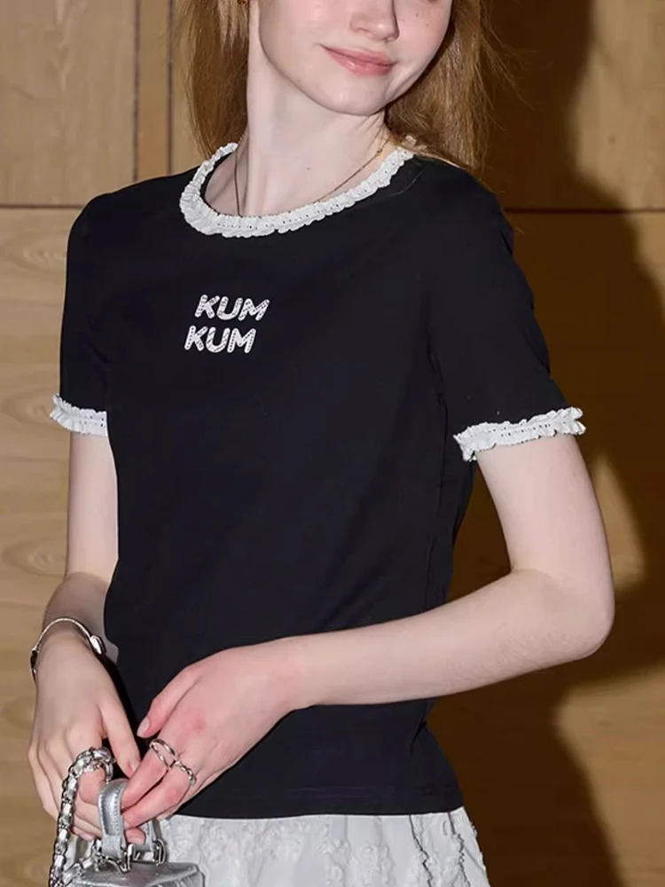 

Женская футболка в корейском стиле с коротким рукавом, летняя новинка, сладко-пикантная, с кружевными вставками, облегающая, с круглым вырезом, короткий топ, модная