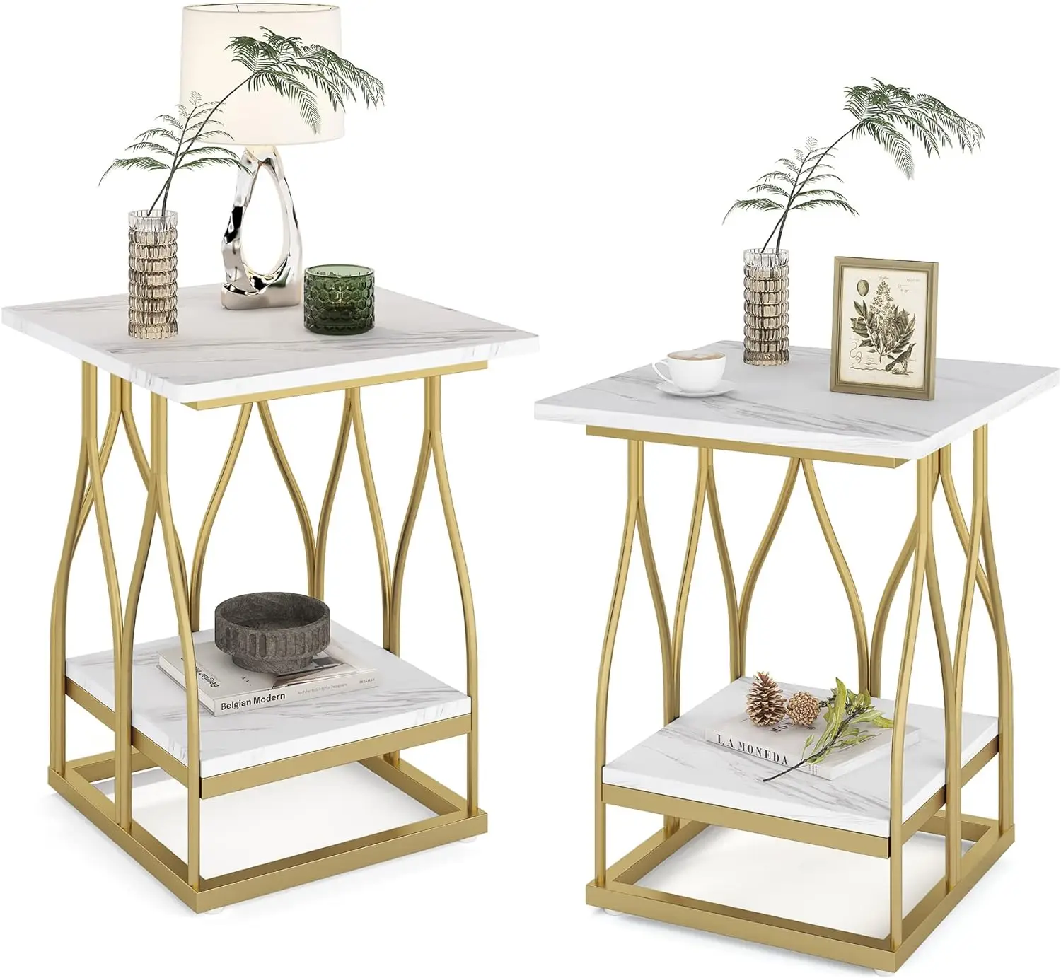 

Side Table, Faux Marble End Table with 2 Tier Storage Shelf, Modern Square Accent Table for Living Room, Bedroom, White/Gold