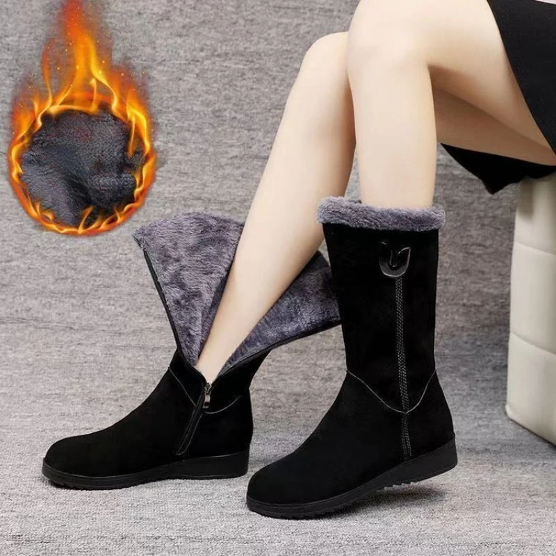 Women Mid Calf Winter Snow Boots Thick Fleece Lined Warm Boots Side Zipper Wedge Heel Outdoor Winter Boots For Ladies