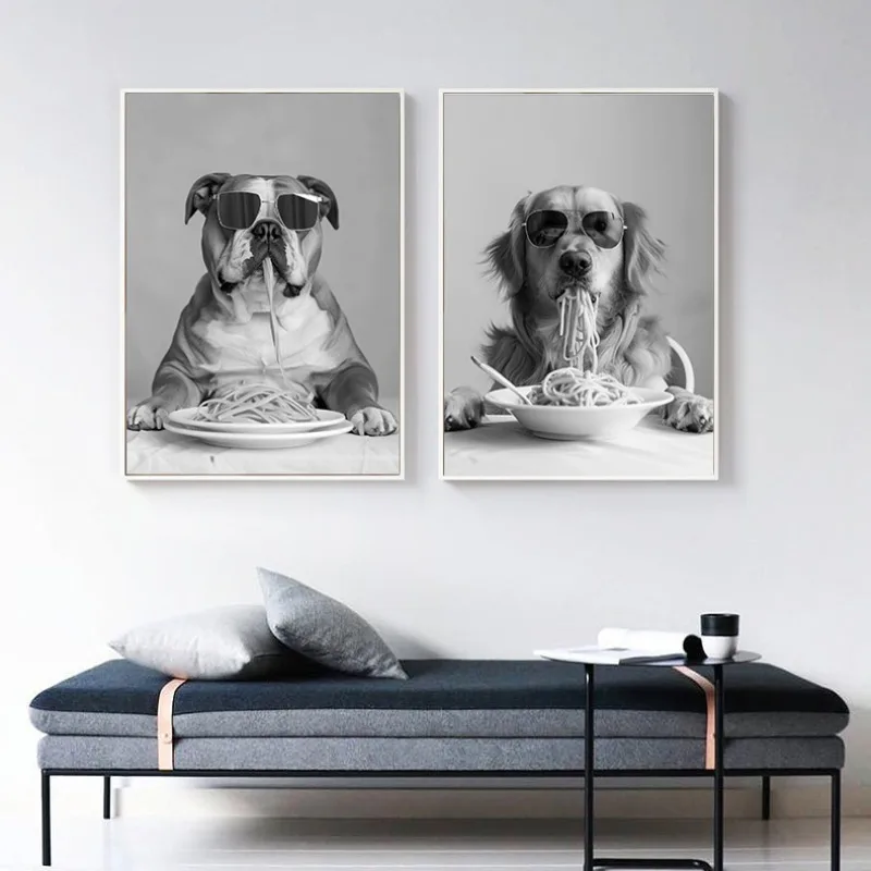 Funny Black and White Dog Eating Pasta Poster Beagle Siberian Husky English Bulldog German Shepherd Canvas Picture Home Decor