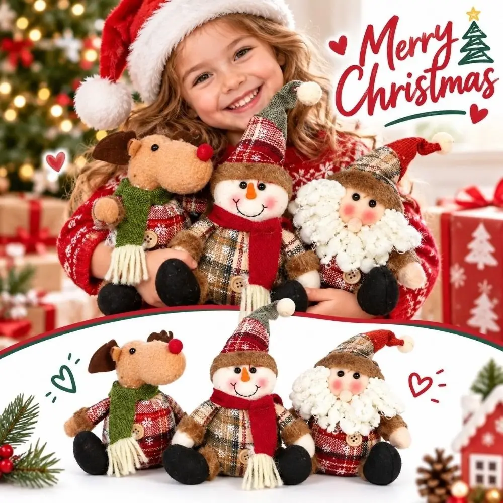 Plaid Fabric Christmas Plaid Fabric Doll Button Accent Plush Filled Plush Hanging Pendant Button Doll Ornament
