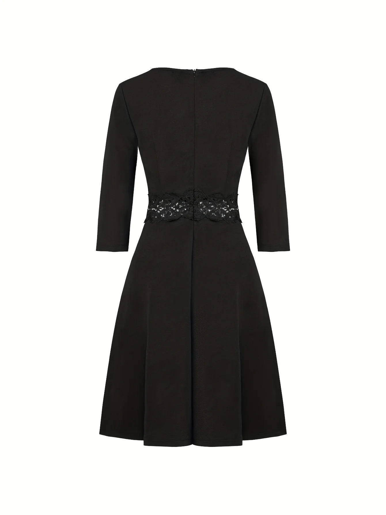 Robe mi-longue évasée noire à manches 3/4 et col cranté pour femme - Robe de soirée élégante moulante pour soirée et tous les jours