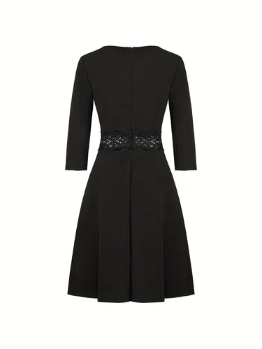 Imagen 2 del producto Vestido midi acampanado con panel de encaje y manga 3/4 con cuello entallado negro para mujer - Vestido de fiesta de cóctel ajustado elegante para la noche y el diario