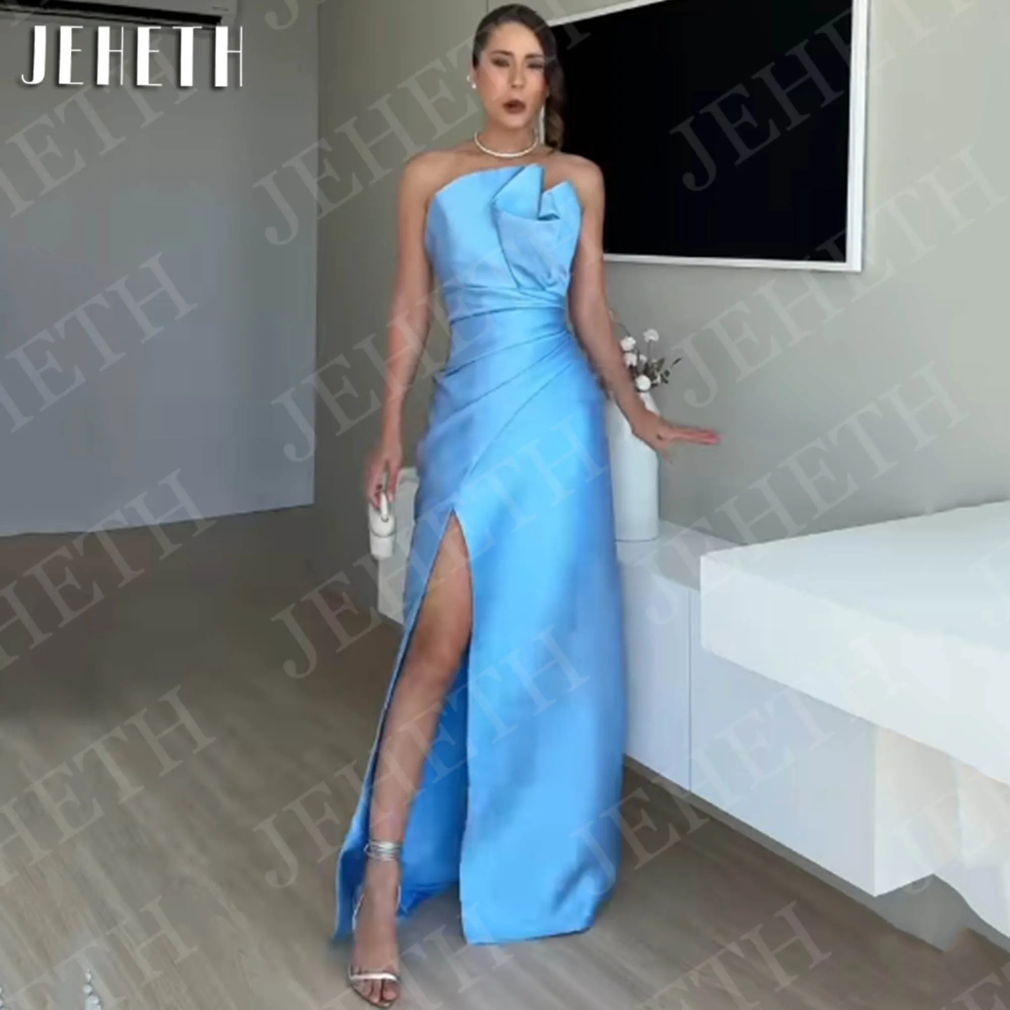 

JEHETH Mermaid Evening Dresses Satin Pleated Side High Split Strapless Sleeveless Party Dress Blue Customized robes de soirée
