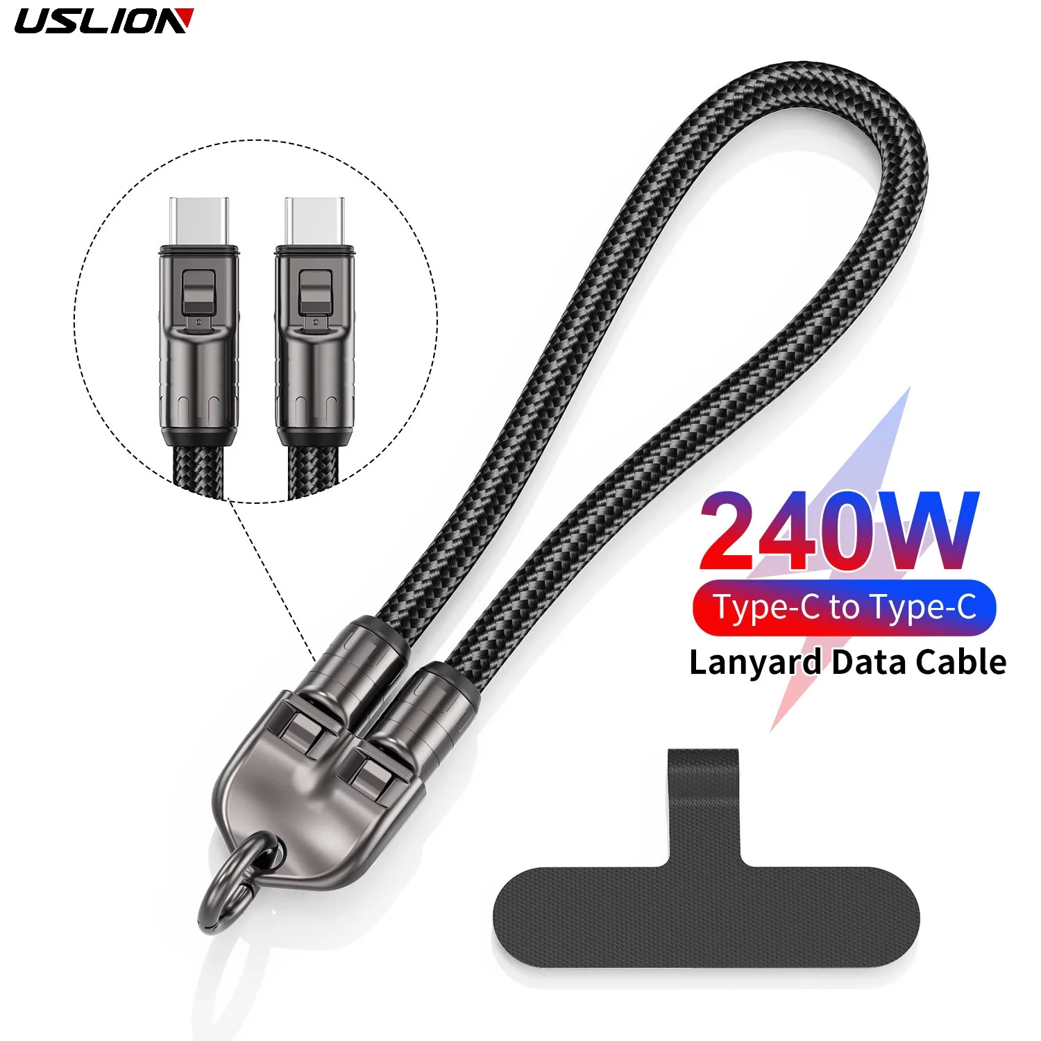 USLION 30CM 240W USB C Cable Braided Aluminum Phone Lanyard Type C to Type C Cable Fast Charging USB Cable