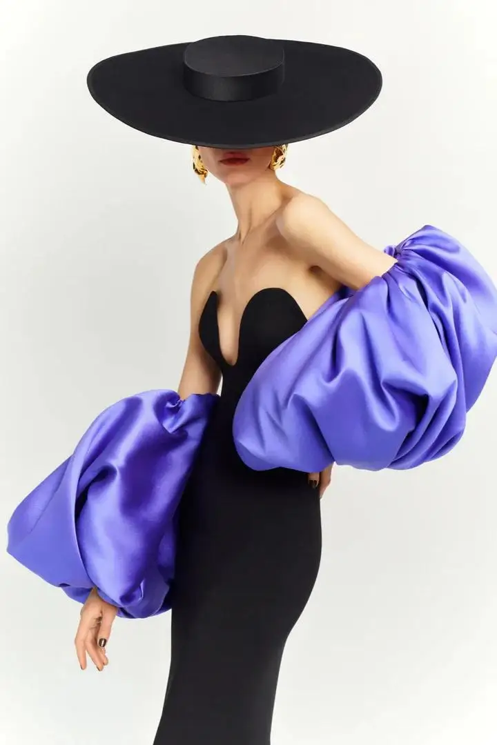 Manga de burbuja de satén morado 2025 Nuevo, gran oferta, moda de invierno moderna, ropa de fiesta elegante, mangas formales esponjosas con apariencia de calle alta