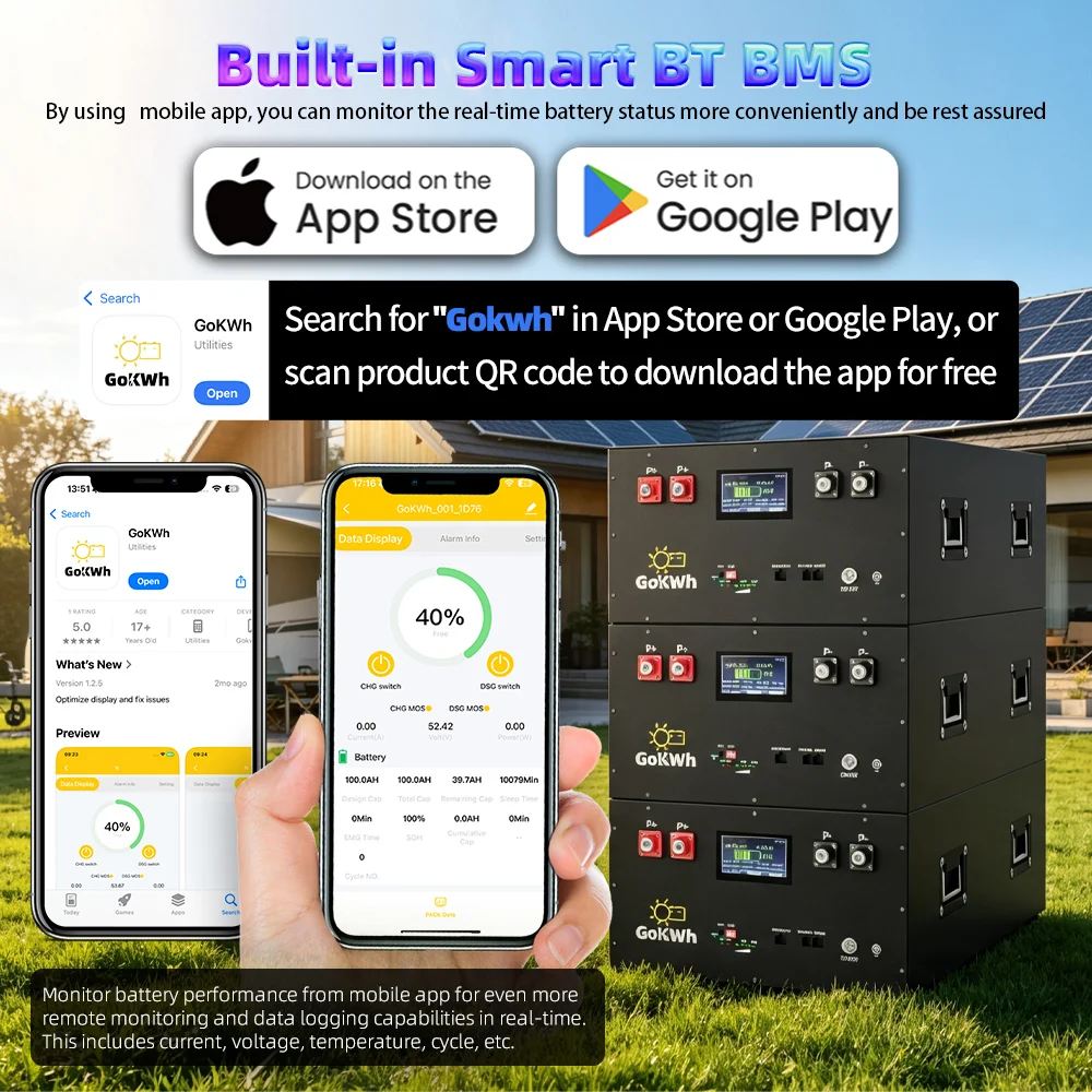 48V 320Ah Grade A LiFePO4 Battery Pack Smart 16S BMS 200A APP Control 8000+ Cycles Rechargeable For Golf Cart Home Energy Storage