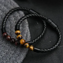 Fashion Men Bracelet Natural Yellow Tiger Eyes Beads Braided Leather Stainless Steel Magnetic Clasp Bracelets Male Jewelry Gift