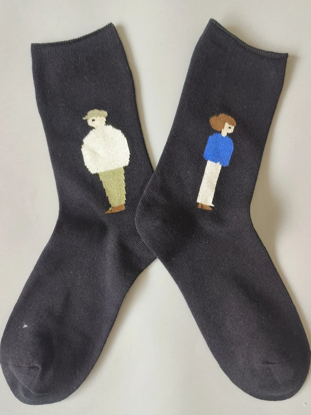 Japanese Style Mid-Calf Cotton Blend Socks Women's AB Version Loose Mouth Cuffed Artistic Figure Patterned Socks Trendy