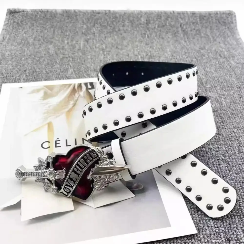 1Pcs Leather Sword Belt Red Heart Adjustable Buckle Rivet Belt Sword Design Fashion Waistband