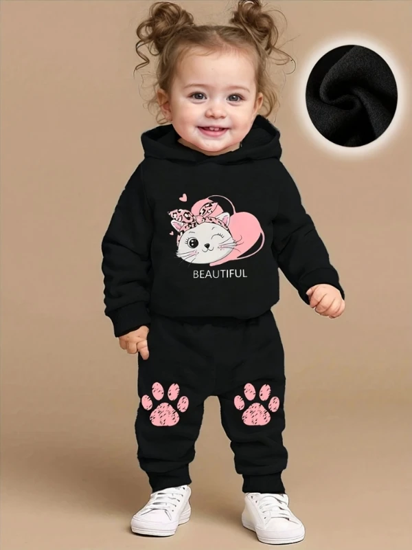 

Spring/Autumn Baby Girls' Cartoon Print Fleece Hoodie & Cat Paw Print Sweatpants 2-Piece Set