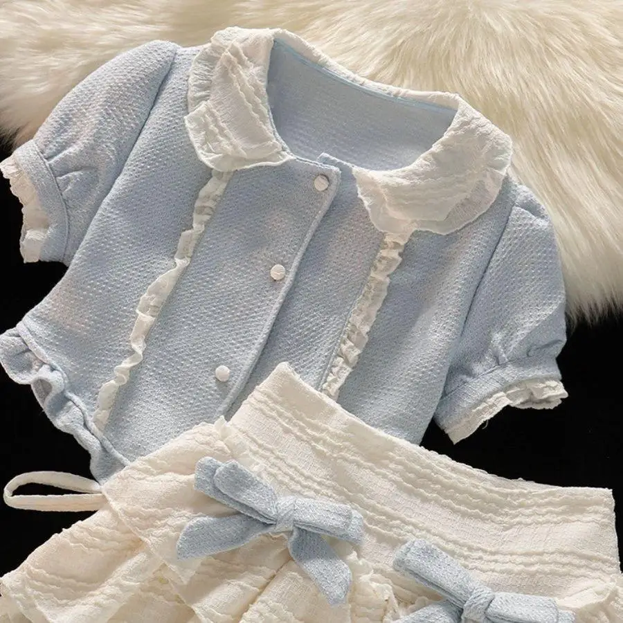 Girl Lolita Princess Set Fashion Korean Children's Sweet Doll Neck Short Sleeve Tpo+Cake Skirt 2PCS