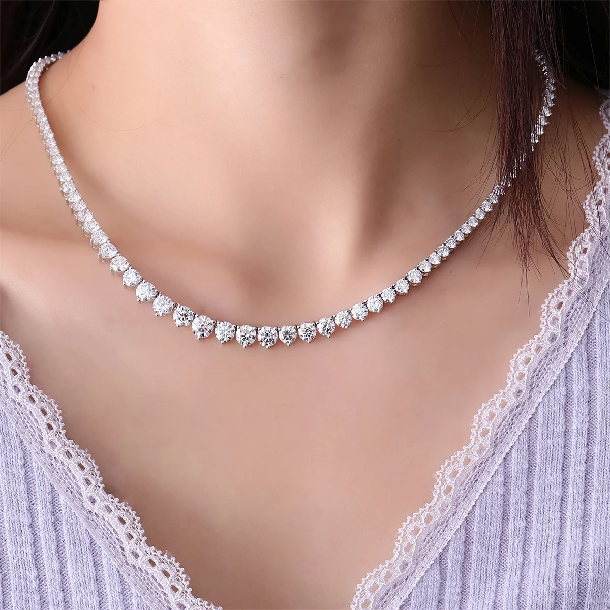 Provence Customized 14K white gold 3 prong tennis necklace gradient full lab grown diamond tennis chain Necklace Birthday Gift