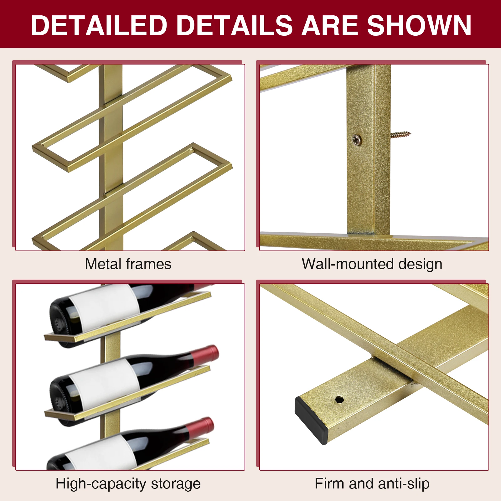 

5 Pack Wall Mounted Wine Rack for 60 Wine Bottles Wine Bottle Holder (Gold)