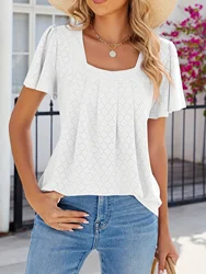 Plus Size Eyelet Solid Pleated T-Shirt Casual Short Sleeve Top For Spring & Summer Women's Plus Size Clothing