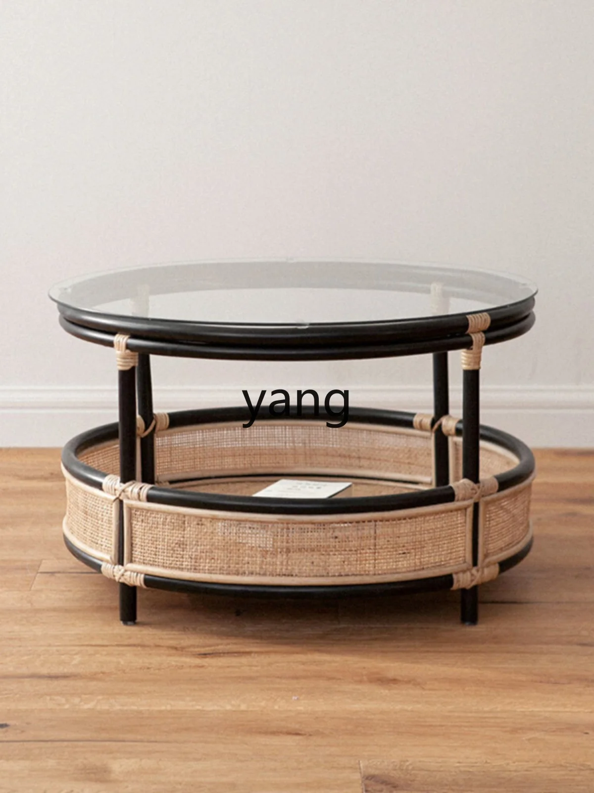 Yjq round Rattan Tea Table Vintage Glass Low Table Simple Indoor Small Apartment Home