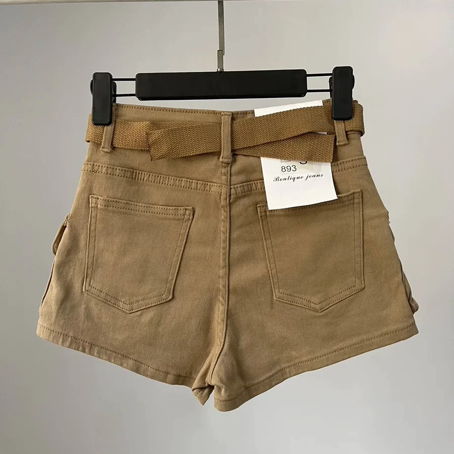 Khaki Denim Shorts High Waisted Slim Fit Multiple Pockets Elastic Wide Leg A-line Straight Leg Hot Pants 2025 Summer New Style