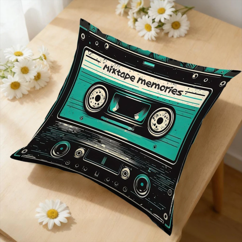 1Pc Retro Cassette Tape Cushion Cover Teal Black Mixtape Memories Pillowcase For Sofa Bedroom Decorative Throw Case Home Gift