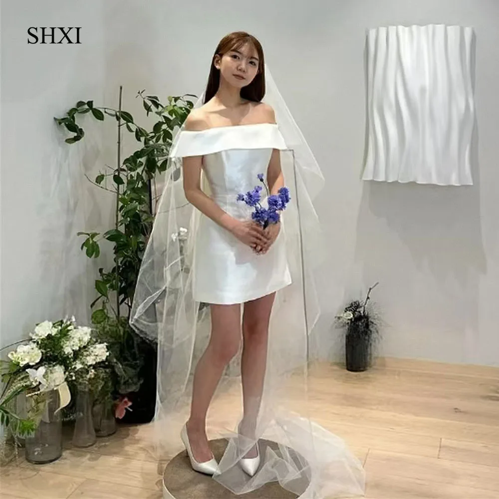 

SHXI Elegant and chic short boat neck Korean wedding dress Satin tulle Photography dress Laptop wedding party dress Customizatio