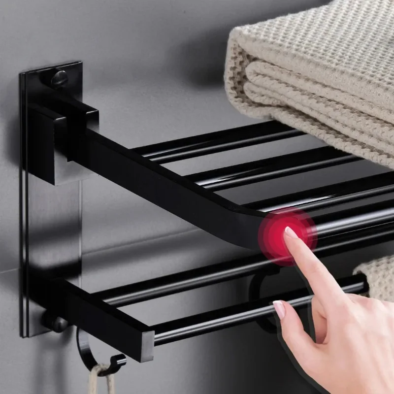 2-Layer Towel Rack Bathroom Wall Mounted Hanger Folding Bath Towel Storage Rail Holder with Movable Hook Black Shower Towel Rack