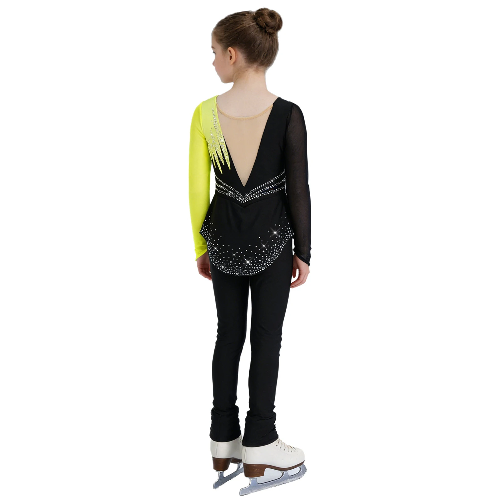 

Детский гимнастический комбинезон для девочек для фигурного катания и лирического танца с пеплумом, отверстиями для пальцев, длинными рукавами, стразами, асимметричный, танцевальный костюм