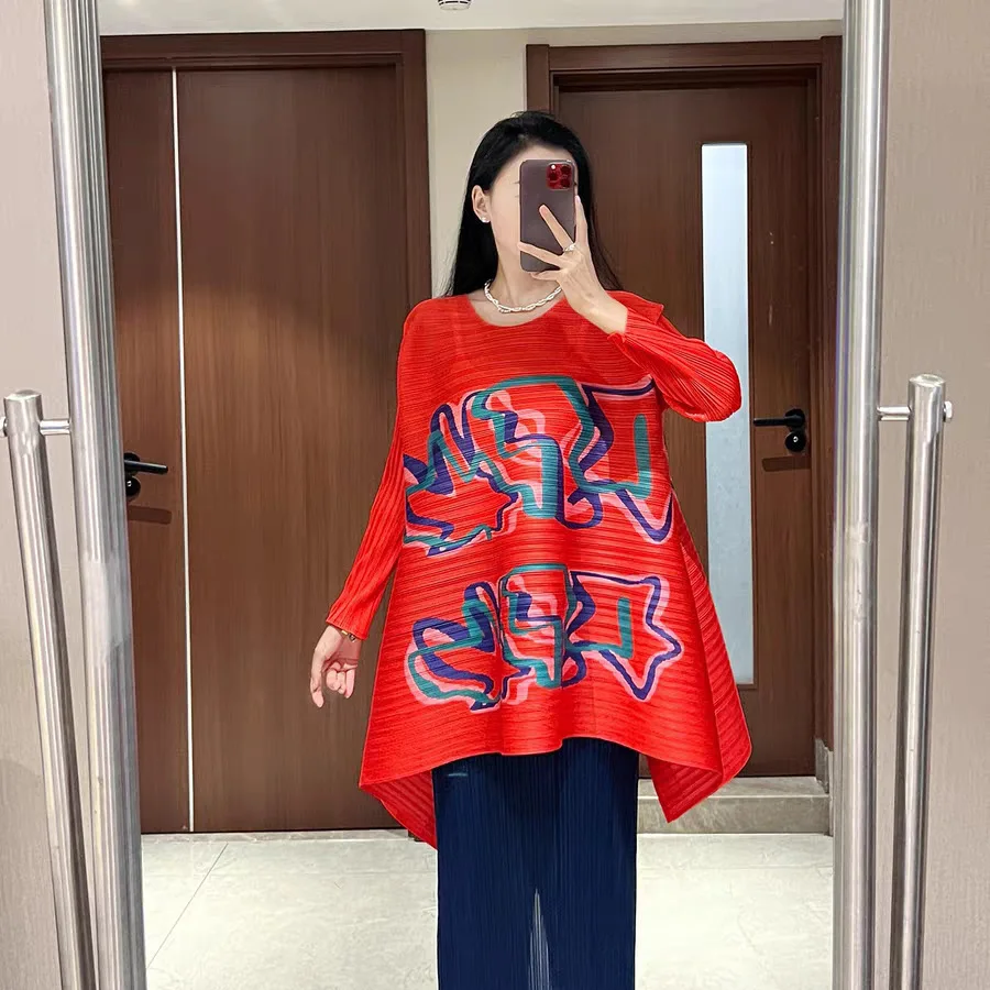 

Miyake Pleated Retro Printed Women T-shirt Round Neck Geometric Pattern Loose Oversized Elastic 2026 Spring New Female Clothing