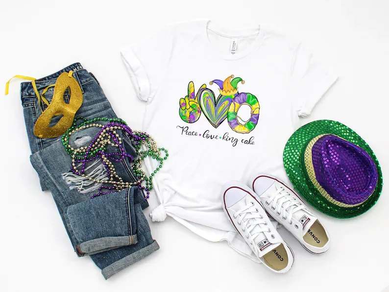 

Peace Love King Cake Mardi Gras Shirt, Mardi Gras Peace Love Sweatshirt Unisex Short Sleeve Top Tees plus size y2k Drop shipping