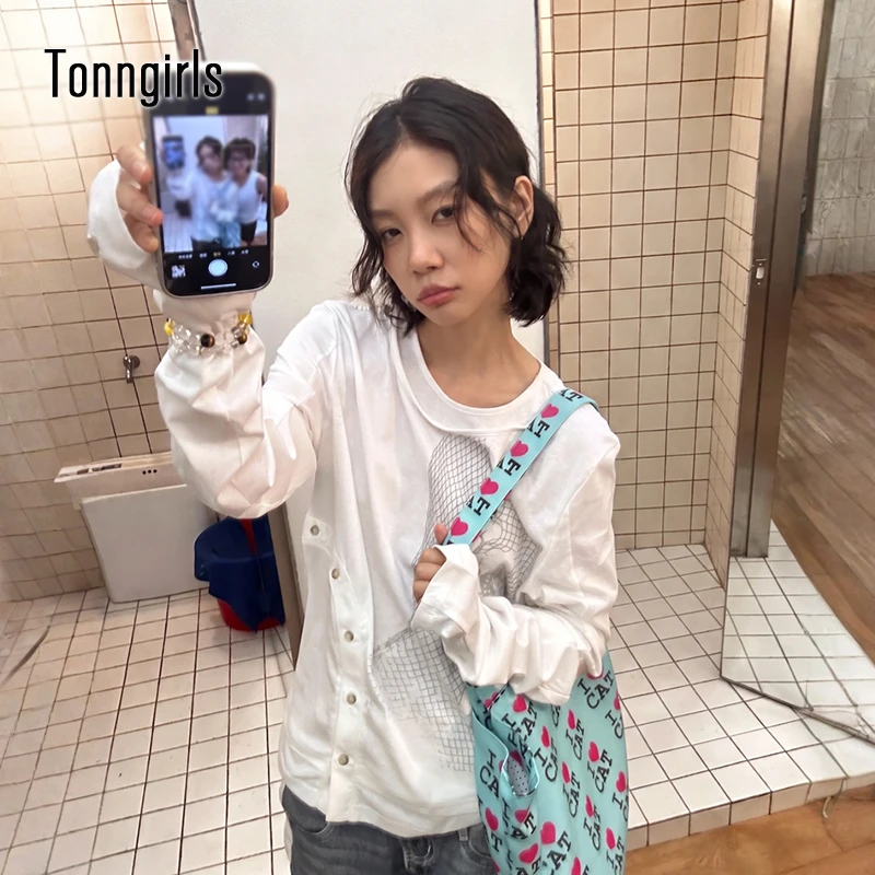 Женские винтажные топы Tonngirls Y2k с графическим принтом, японские футболки с длинным рукавом и пуговицами в стиле 2000-х, уличная одежда, американские ретро-футболки