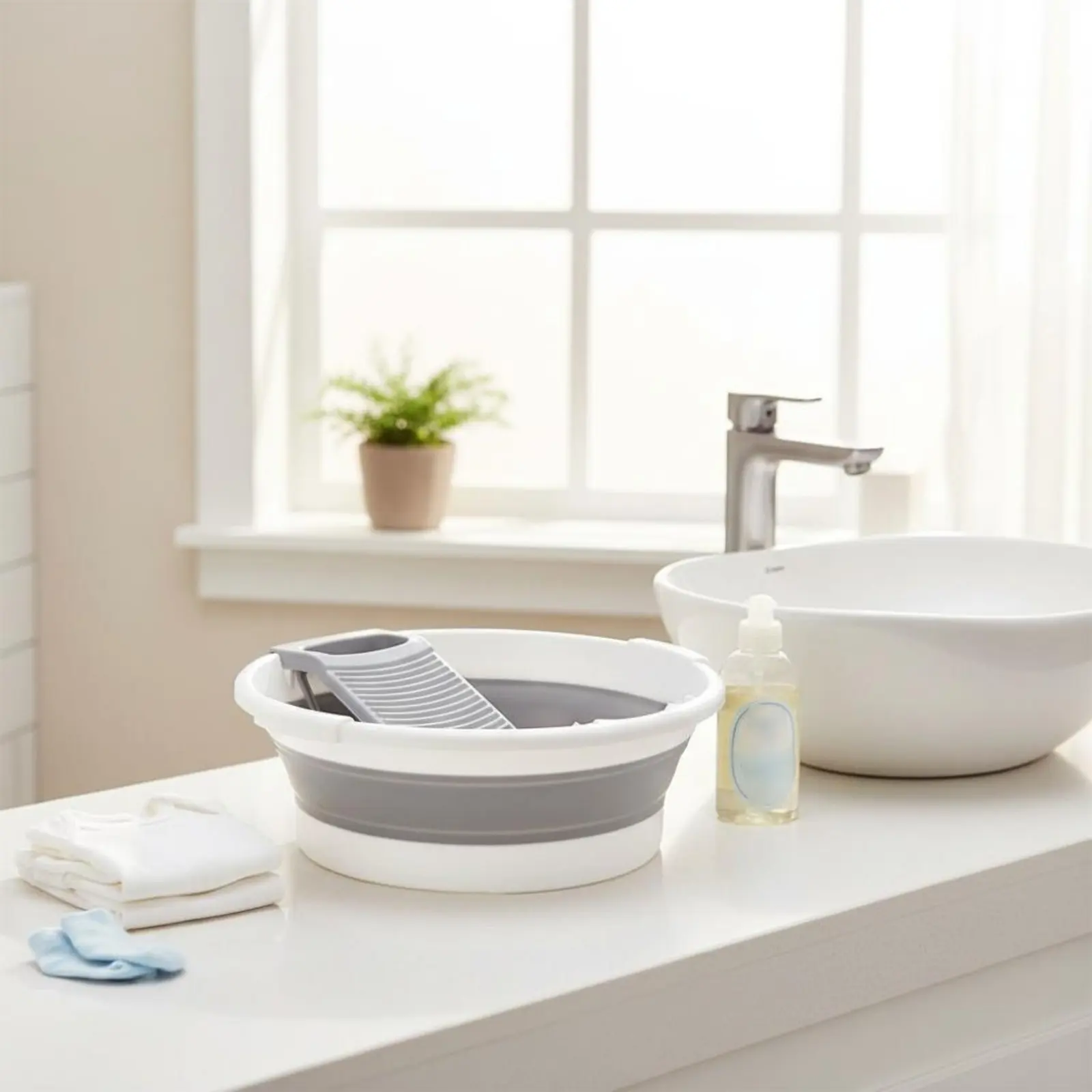 

Folding Laundry Tub with Washboard Drain Plug Portable Washboard Basin Foldable Laundry Tub with Scrubber Double Handles