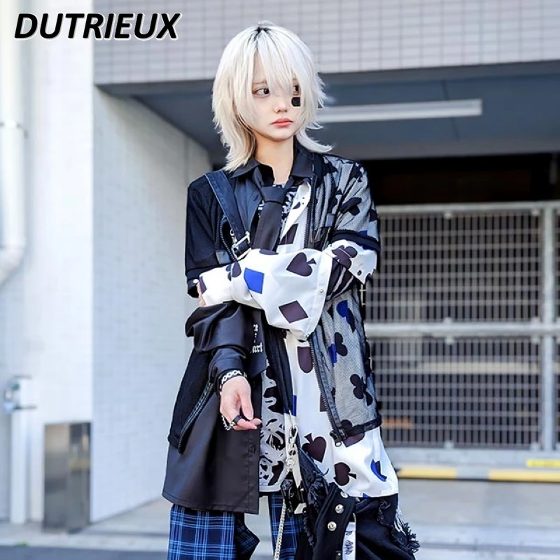 Japanese Style Harajuku Girl Mine Long Sleeve Printed Poker Black Mid-Length Shirt Tie Detachable Sleeves Tops for Women