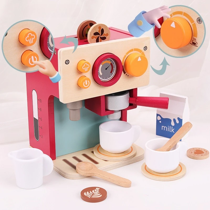 Childrens Pretend Play Simulated Fun Coffee Machine Tea Kitchen Items Set Wooden Educational Toys for Kids 2 To 4 Years Old Gift