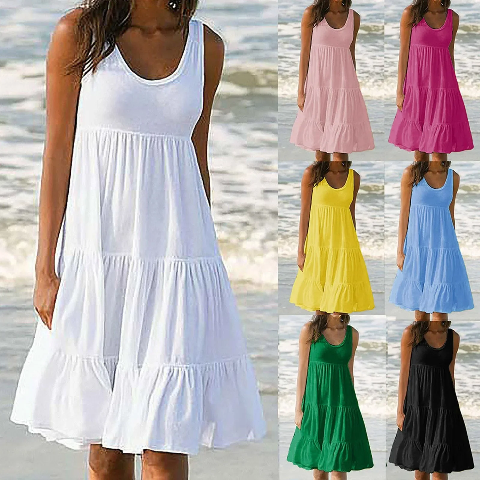 

Women's O-neck sleeveless ruffled mini skirt Bohemian solid color beach sun skirt plus size loose fitting dress