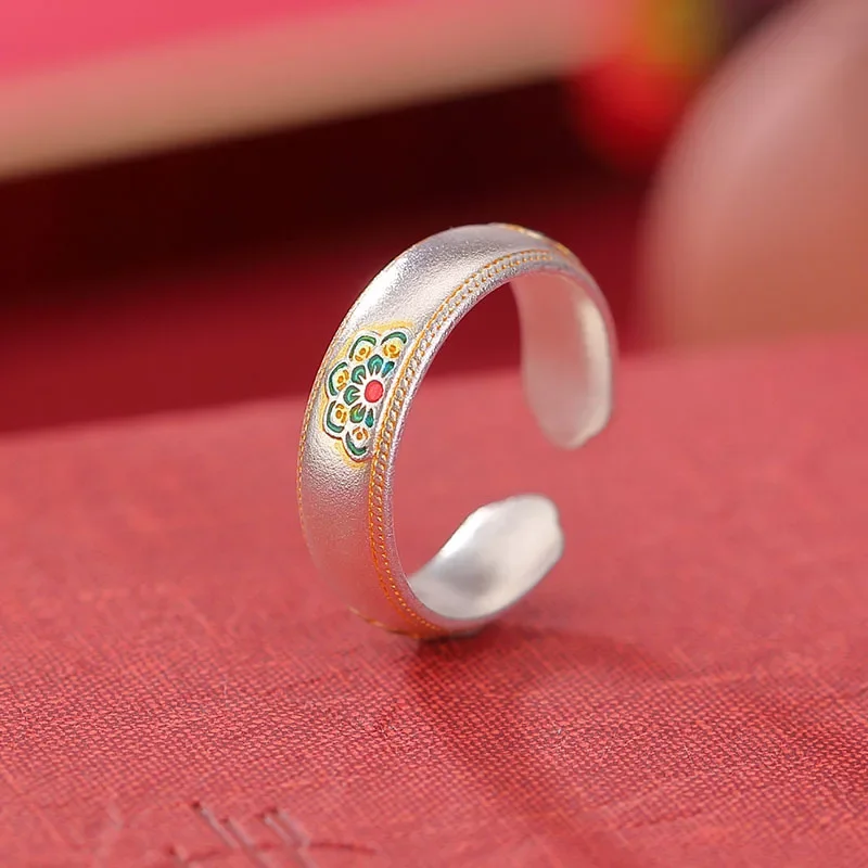 New Handcrafted Vintage Ruyi Floral Ring Chinese Style Blossom Motif Jewelry Artisan Adjustable Statement Finger Rings