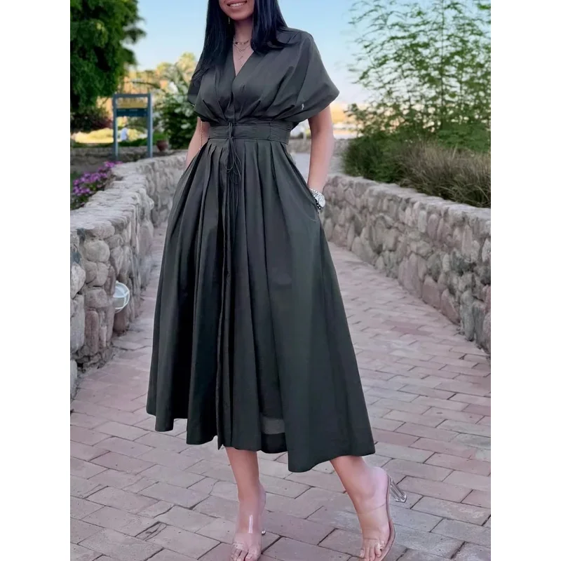 Sukienka damska w stylu retro z wiązaniem w talii, krótki rękaw, guziki, letnia moda, elegancka sukienka w stylu high street 2025