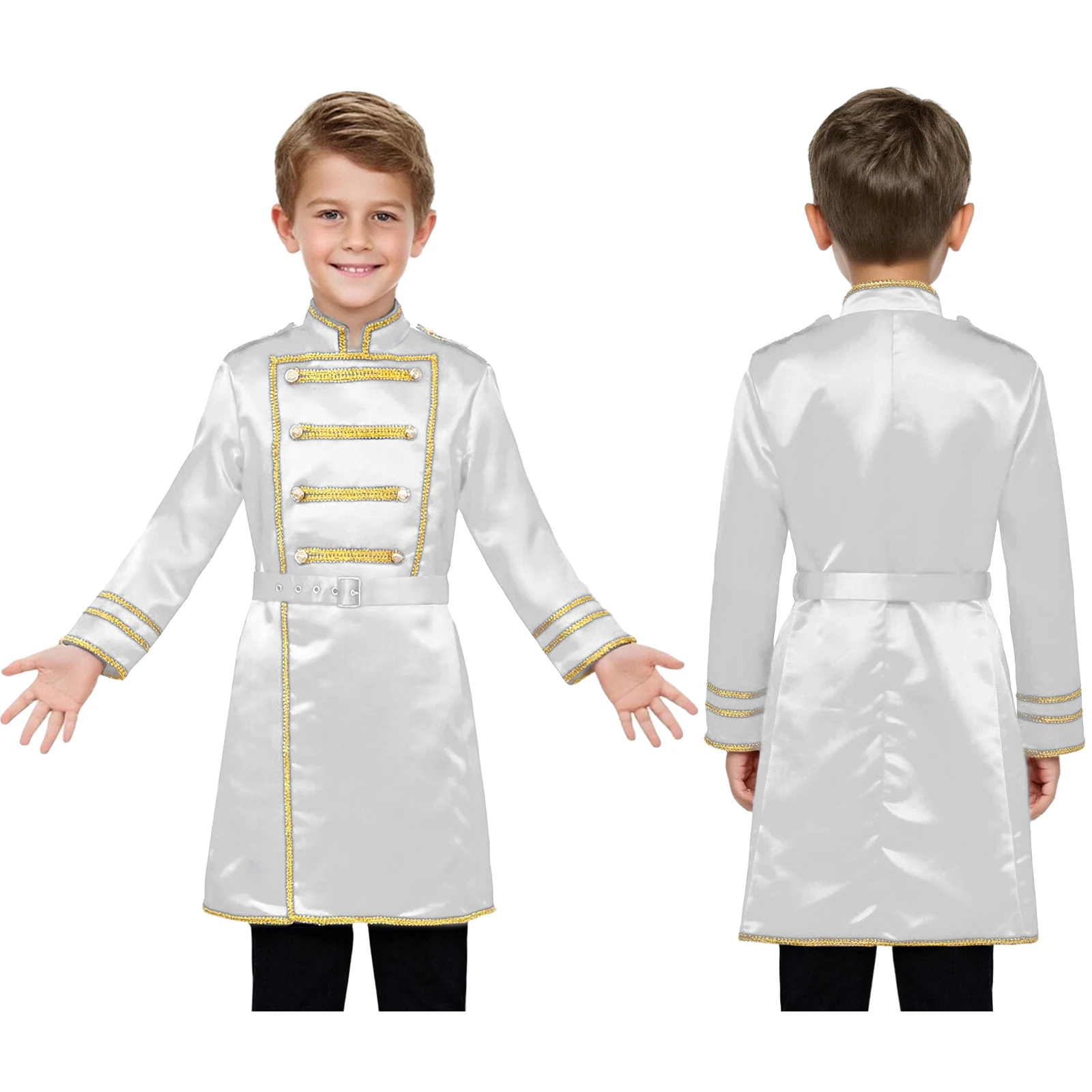 

Drummer Royal Guard Long Jacket Long Sleeve Golden Braided Tape Outwear with Waist Belt for Halloween Cosplay Party Fancy Outfit